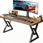 Solid Wood Rustic Style 55.1-inch Computer Desk - Large Office Desk for Home Office, Modern and Simple Design, Ideal for Dining,Study, Writing (Black-w, 55.12 * 27.56 * 29.53)