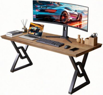 Solid Wood Rustic Style 55.1-inch Computer Desk - Large Office Desk for Home Office, Modern and Simple Design, Ideal for Dining,Study, Writing (Black-w, 55.12 * 27.56 * 29.53)